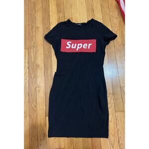 Fashion nova size medium black bodycon dress reads “ super “ in red mini dress